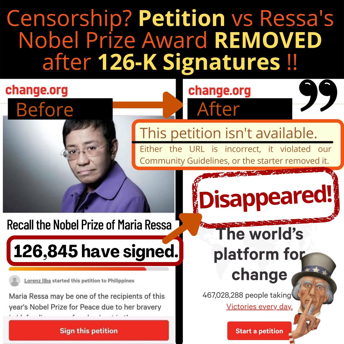 idsicenter's tweet photo. @Change owes the Filipino people an explanation... Why did it REMOVE the Petition to Recall the Nobel Prize of Maria Ressa of #Rappler after it received over 126,000 signatures? #RapplerTalk #FakeNewsRappler or #FakePetition? https://t.co/v4g2rXk0Ue