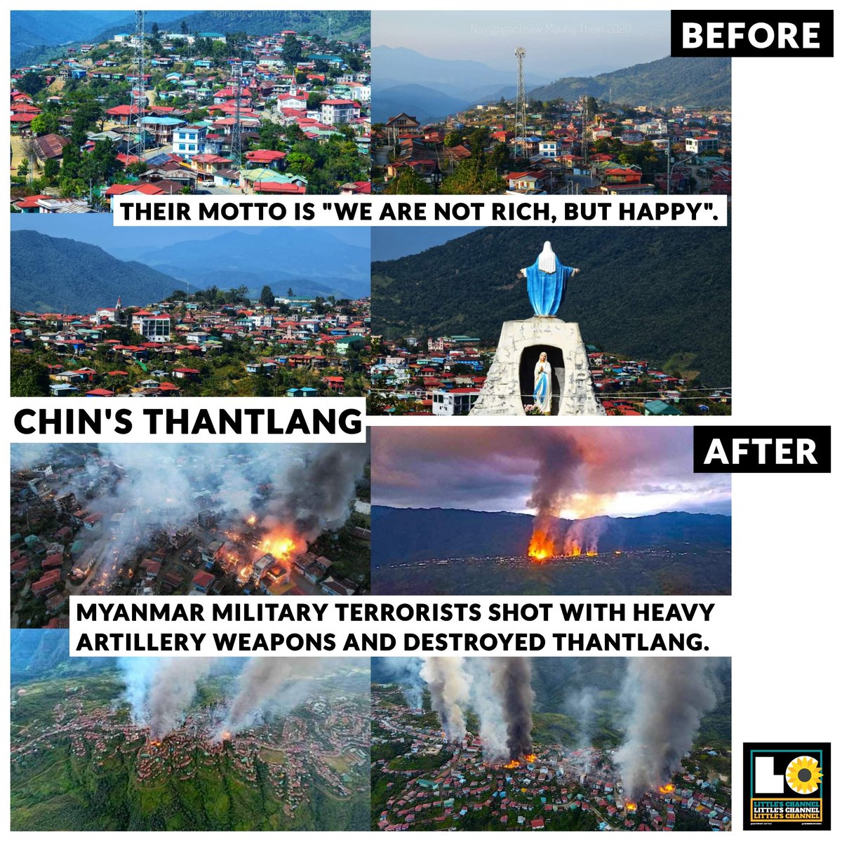 This is Thantlang, Chin Region. 🆘

Their motto is "We are not rich, but happy". Such a peaceful/beautiful town was destroyed by #MyanmarMilitaryTerrorists. 🔥🚨

#Oct29Coup #WarCrimesOfJunta
#WhatsHappeningInMyanmar