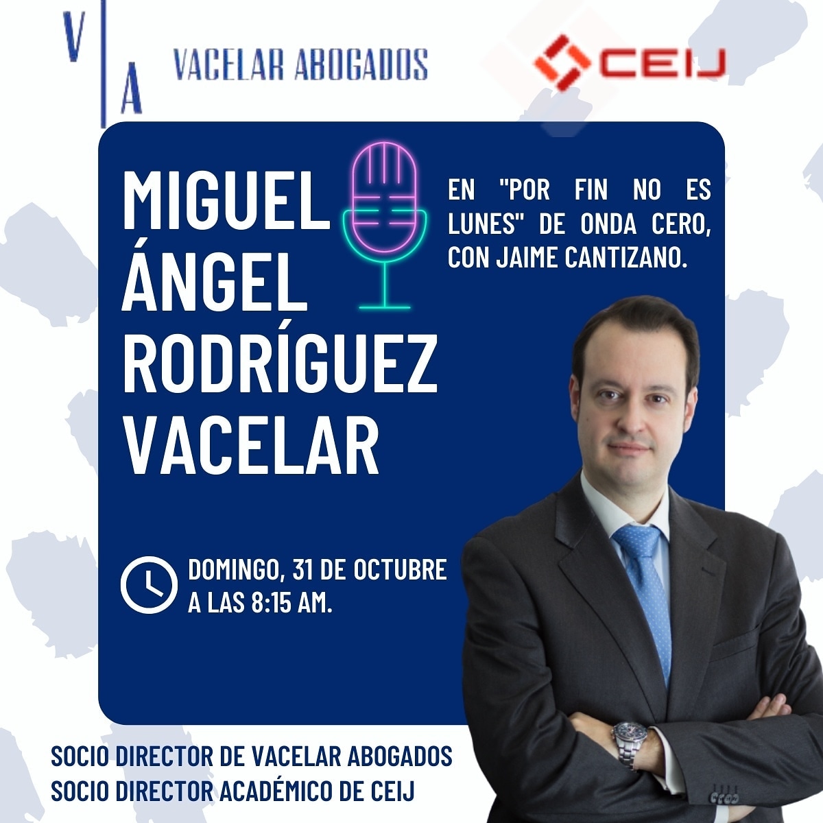 VacelarAbogados's tweet photo. Este domingo, nuestro Socio-Director, @Vacelar, tiene el honor de charlar con Jaime Cantizano, en su programa "Por fin no es lunes", sobre las implicaciones de la STS 629/2021 de 27 de septiembre.
#CEIJ #vacelar #vacelarabogados #ondacero #porfinnoeslunes #apellidos https://t.co/QEJg5GI4nL