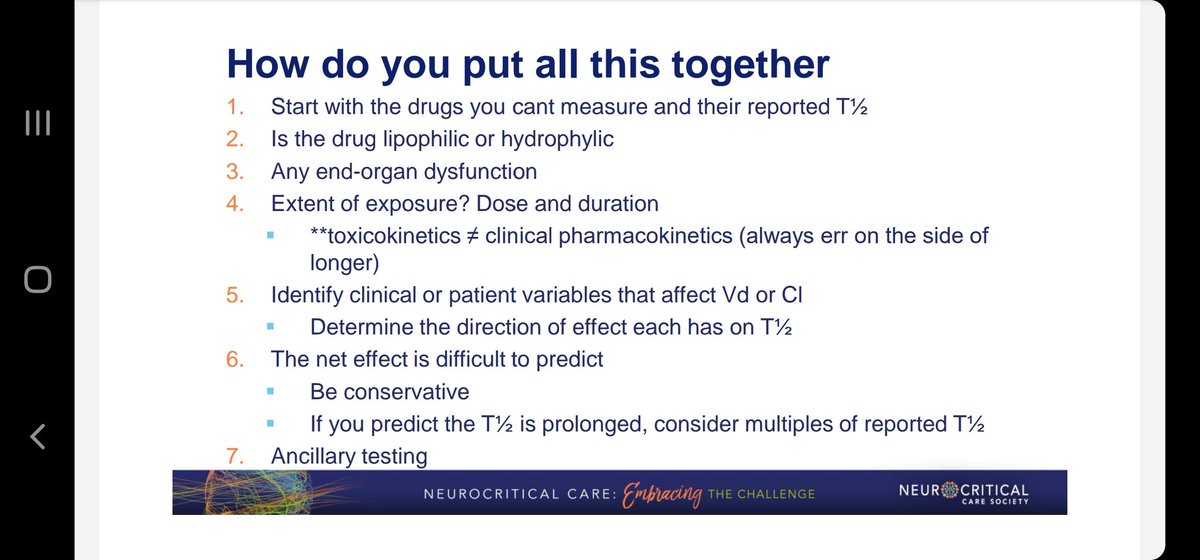 <a href="/salkanji/">Salmaan kanji</a> discusses pharmacologic confounders in #braindeath <a href="/neurocritical/">Neurocritical Care Society</a>:
👉🏽no need to wait for complete elimination, just therapeutic range or less
👉🏽T1/2 altered in ICU
👉🏽prolonged infusions affect Vd, Cl
👉🏽be conservative with estimates

#NCS2021 
#NCSPharmacy