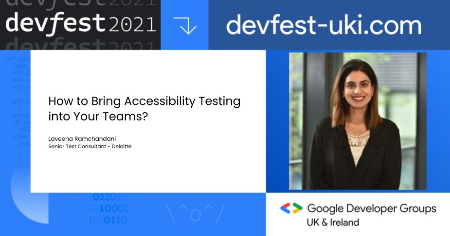GDGLeeds's tweet photo. DevFest_UKI: 🎤TALK HIGHLIGHT! "How to Bring Accessibility Testing into Your Teams?" by @Laveena_18

Join us for this Hybrid (in-person &amp; virtual) event
📅 Saturday, Nov 20
🎟️ https://t.co/xo6c6WzQrF
🌍 London

#devfestuki #womenintech #diversity #incl… https://t.co/nIdFi9EWqN