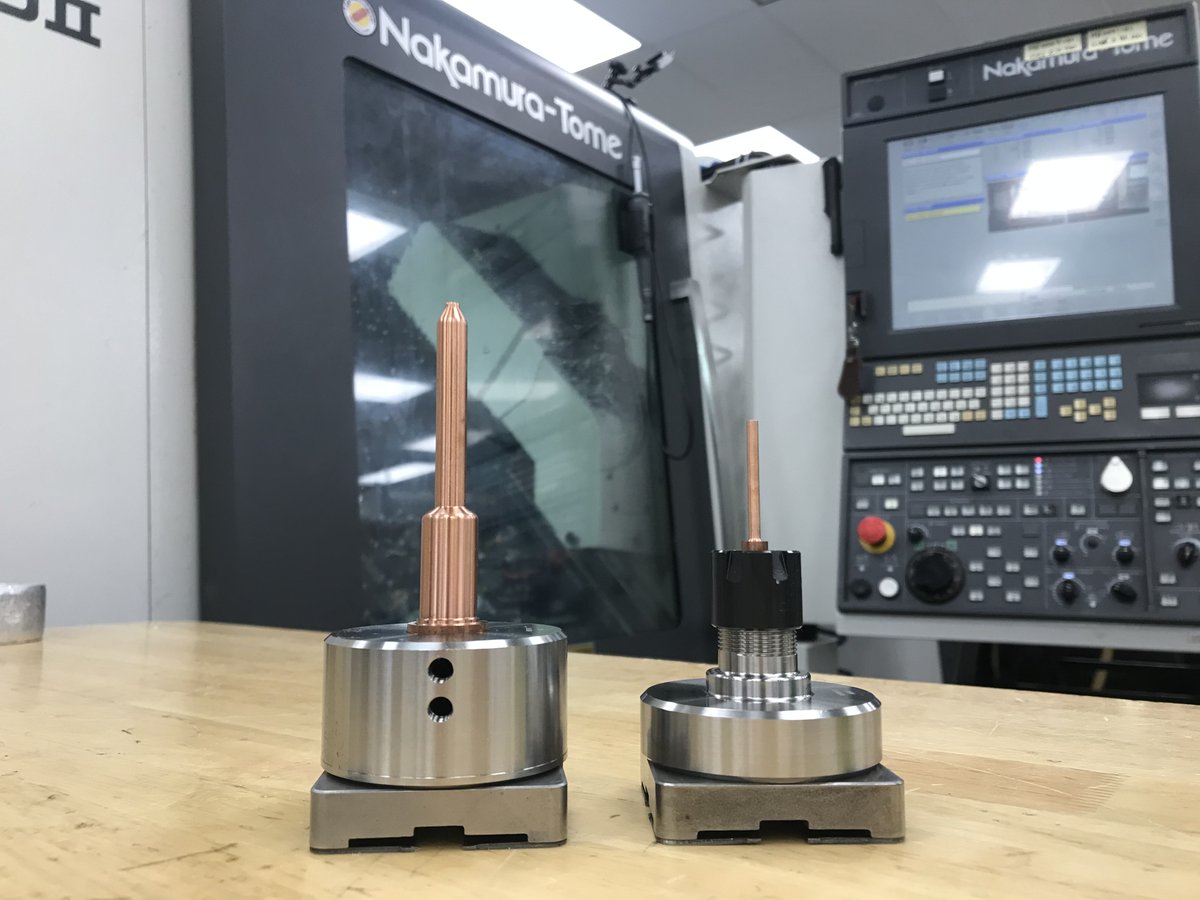 Miltera's tweet photo. Check out these tellurium copper electrodes made on our multi-axis Nakamura Tome WT 150II. These were turned directly on 3R pallets. This ensures 100% true axial and radial runout of the electrodes to ensure the sink EMD’d part gets the best GD&amp;T results from our inspection dep. https://t.co/y6XGb02NZh