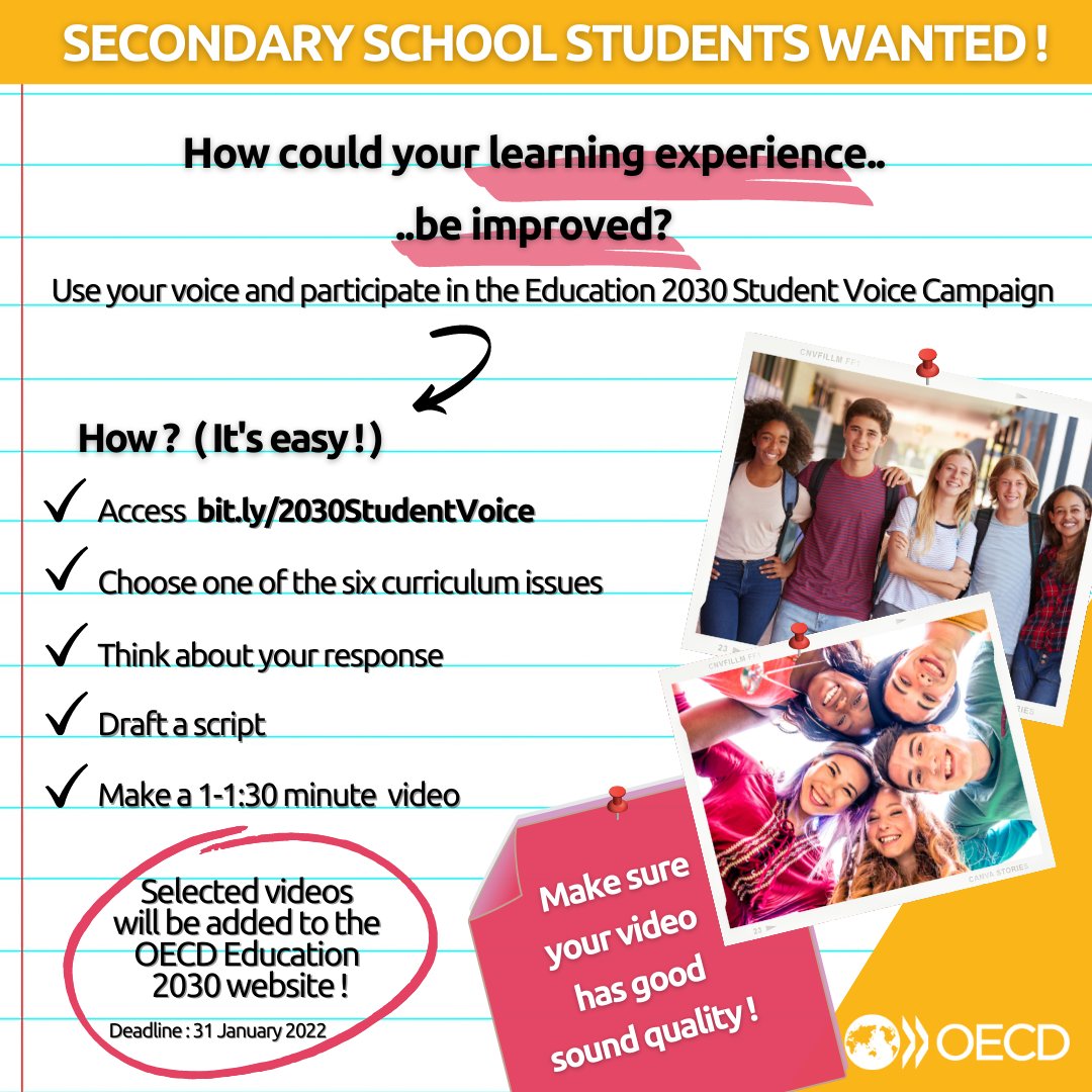 📣Are you a secondary school student? We want to hear from you!

🙋‍♀️Share a video expressing your views on curriculum issues and your learning experience in our Education 2030 Student Voice Campaign🙋

🗓️New Deadline: 31 January 2022 !

Participate here👉 bit.ly/2030StudentVoi…