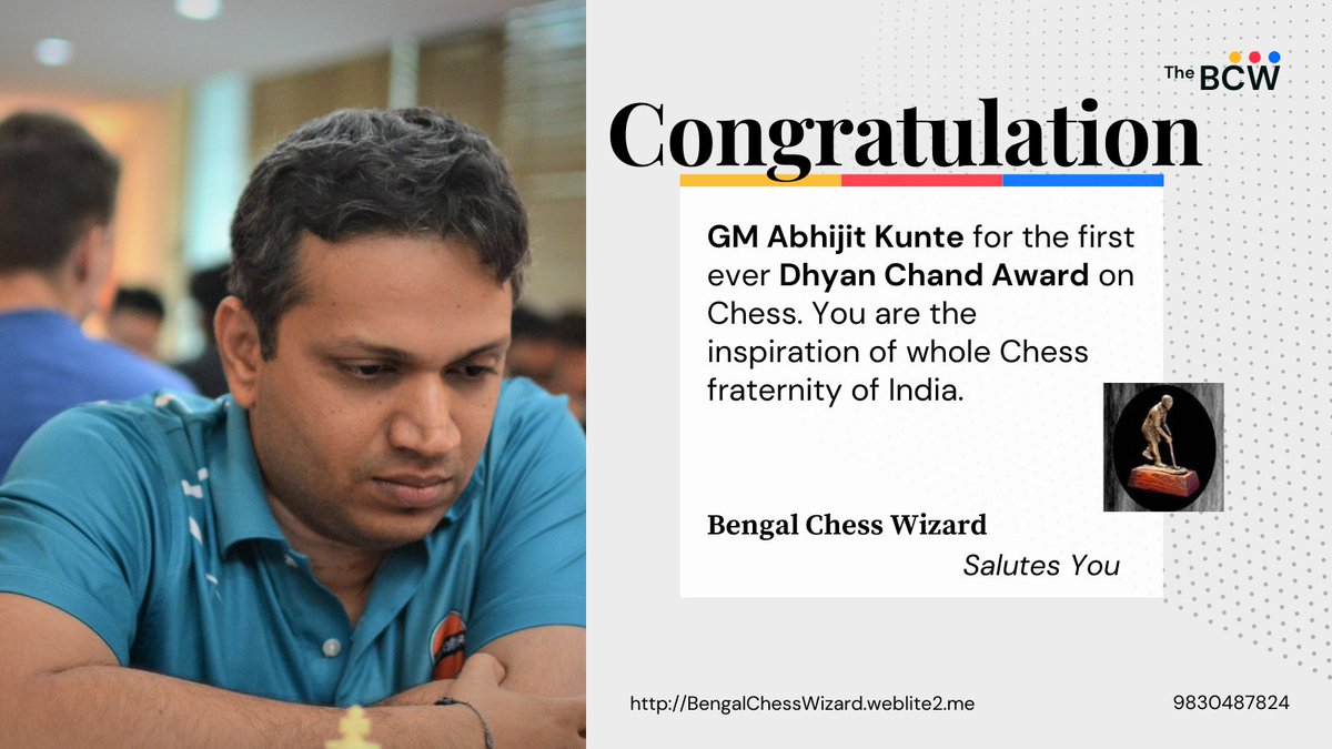 BChessWizard's tweet image. Congratulation GM Abhijit Kunte for the first ever Dhyan Chand Award on Chess. You are the inspiration of whole Chess fraternity of India. We salutes you.