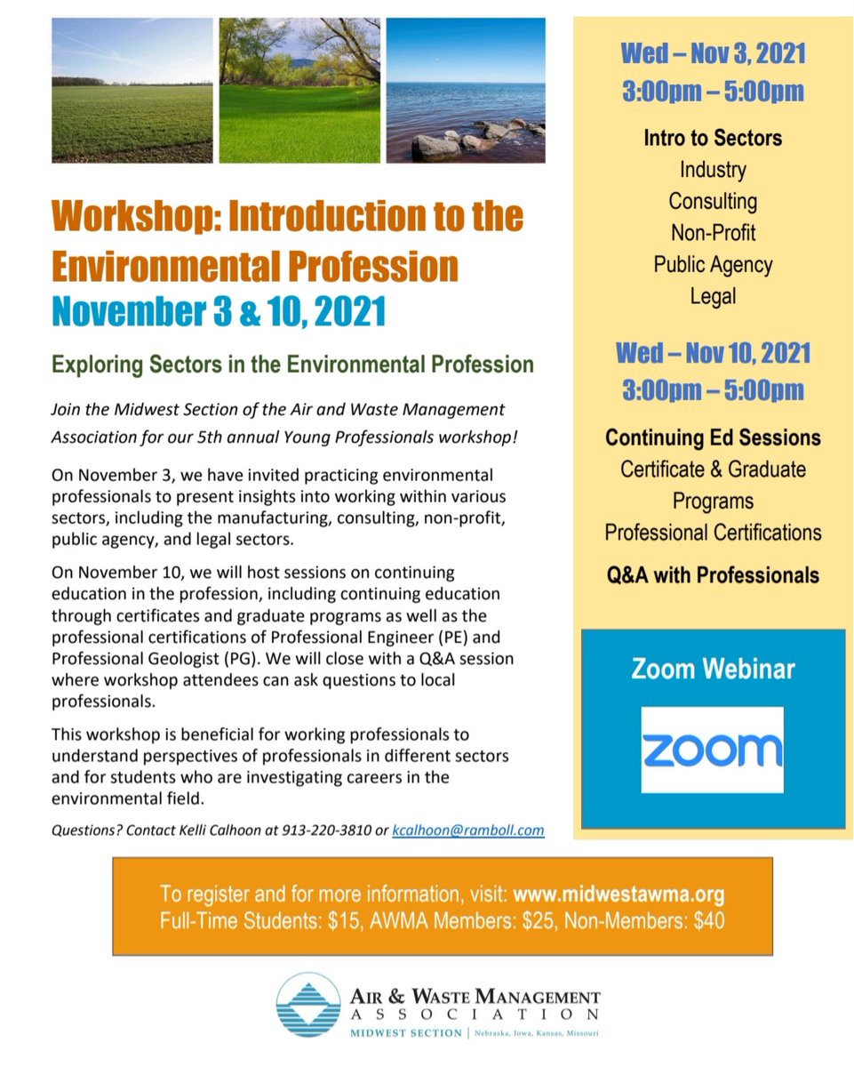 Calling all Bears!
If you are interested in learning about future environmental careers, come join the Midwest Section of the Air and Waste Management Association for their 5th annual Young Professionals workshop! This workshop will take place via zoom on November 3rd and 10th.