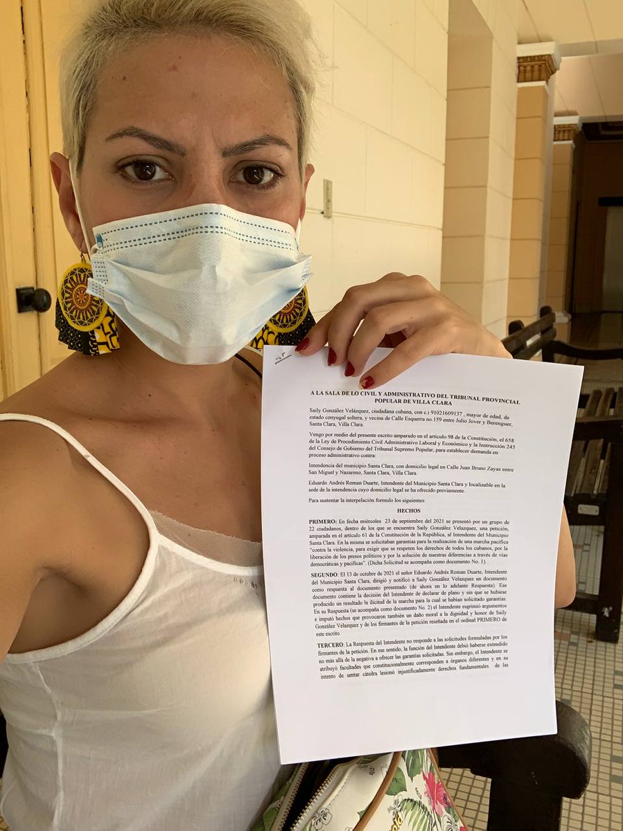 MagJorgeCastro's tweet photo. ⚠️⚠️Último minuto⚠️⚠️

La activista @SailydeAmarillo acaba de presentar una demanda ante la Sala de lo Civil y Administrativo del Tribunal Provincial de Villa Clara contra el Intendente del Municipio Santa Clara quien desautorizó la marcha del #15NCuba.
#TodosSomosArchipielago https://t.co/HxnRQAOaGP