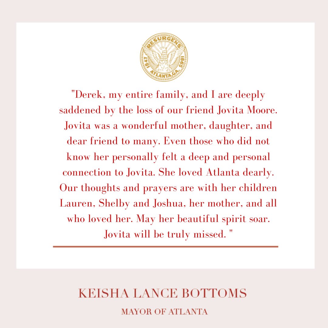 CityofAtlanta's tweet photo. Mayor @KeishaBottoms' statement on the passing of Jovita Moore. https://t.co/P72mTyINxa