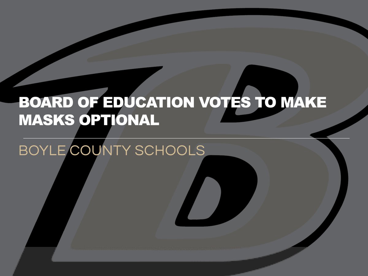 The Board of Education voted to move to GREEN status on the Communicable Illness Intervention Plan, effective Monday, Nov. 1. 

The most noteworthy change is making masks optional inside school buildings. 

Questions? Contact your child’s principal.

boyle.kyschools.us/news/13137