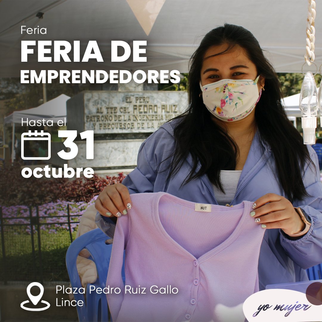 yomujeroficial's tweet photo. #YoMujer te invita a la "Feria Social de Emprendedores", organizada por la #MunicipalidadDeLince. El evento ofrece variedad de ropa, accesorios, bisutería, postres y más. ✨

📌 Visítala del 25 al 31 de octubre en el parque Pedro Ruiz Gallo, de 12:00 m. a 6:00 p. m. https://t.co/7LOSLyIV9h