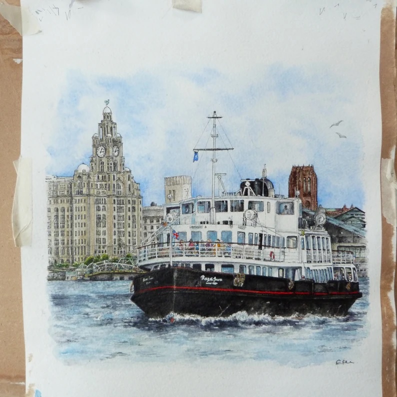 Here is my new painting 'A Day Out' - the Royal Iris #MerseyFerry heading with determination over to Woodside Terminus, one of the best days out ever! Prints now available to pre-order (ready in November) in my Etsy shop #merseyhour etsy.com/shop/LIVERPOOL…