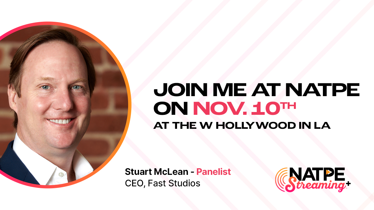 NATPE's tweet photo. Join #StuartMcLean, CEO @faststudiosla, & other channel curators and monetizers to discuss what’s next in the quickly evolving world of FAST (Free-Ad Supported Streaming TV). Hurry, register NOW - https://t.co/84JgsZEOZE👈
#NATPE #NATPEStreamingPlus https://t.co/yHN0fHUIoD