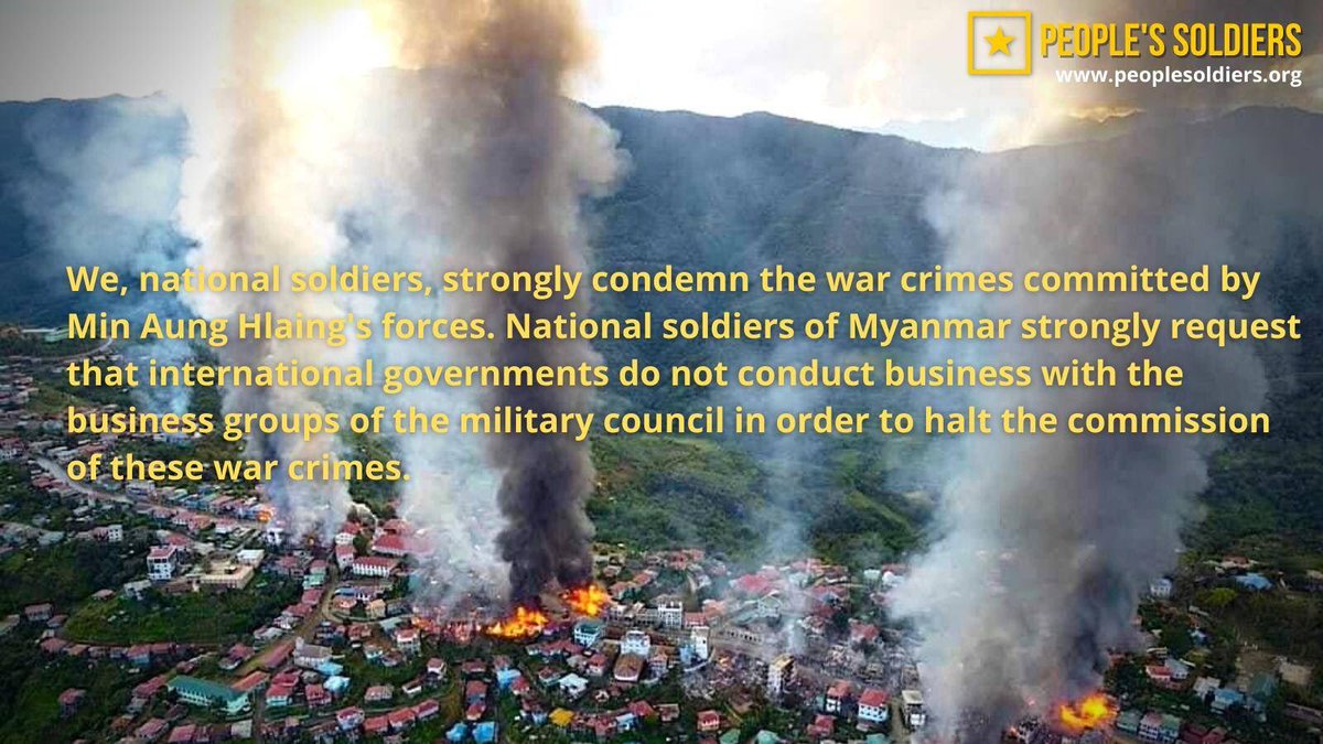 People’s lives and properties are being destroyed by Min Aung Hlaing’s forces (SAC). Therefore, as national soldiers, we strongly condemn these war crimes. #TraitarousMinAungHlaing #WhatsHappeningInMyanmar peoplesoldiers.org