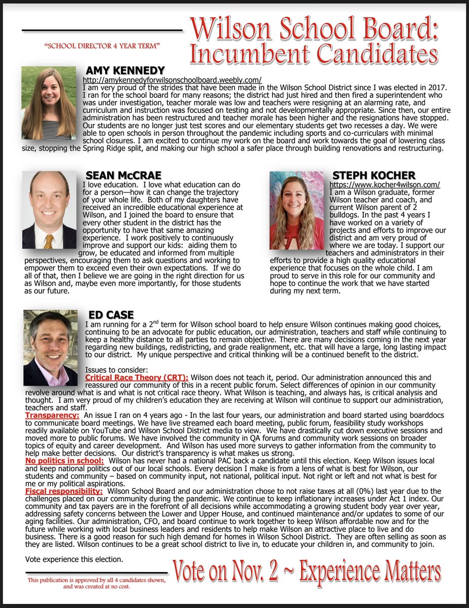 BerksCounty's tweet photo. Vote for candidates that care about the Wilson community, not aspiring carrier politicians backed by partisan money and interests. Kennedy, Kocher, Case and McCrae are respected community members with proven leadership. https://t.co/gYcD7uvTIX