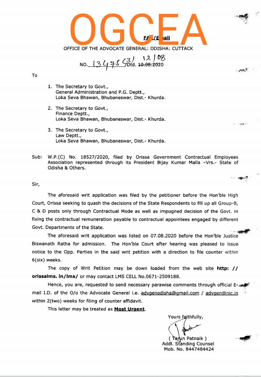 OGCEA's tweet photo. Will @FdOdisha & @gapg_dept gave counter affidavit in W.P.C. 18527/2020 of @OGCEA . As it's a urgent matter for the youth odisha @SecyChief . Please counter as per Finance dept. Or Govt. .......to provide the counter. Youth of Odisha waiting for same.
@Naveen_Odisha
1/2 https://t.co/1Zv4vQOGoy