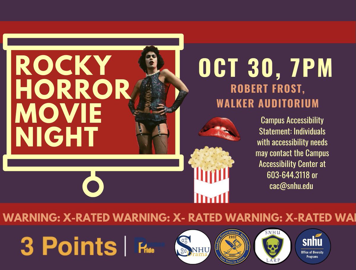 TOMORROW, we start off Rocky Horror Weekend with the movie itself. We’ll have popcorn, candy &amp; refreshments! This will NOT be a shadow cast performance, however, feel free to belt out your favorite songs! We hope to see you there! 💋👠🍿🎞
#snhuoncampus #snhudrama #rockyhorror