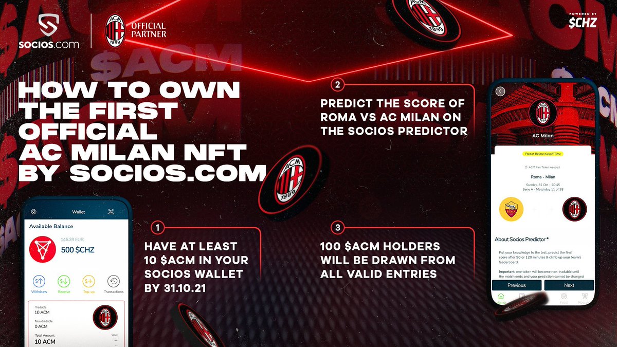 Chiliz_Chinese's tweet photo. 如何成为获得@acmilan AC米兰首批100枚NFT？

1、2021年10月31日前，在https://t.co/kttjE92dRo账户内持有至少10枚 $ACM 粉丝令牌；
2、在Socios“预测大师”功能下参与AC米兰和罗马在10月31日比赛的预测；
3、满足以上条件的100名参与者将被随机选出，获得NFT。

#ACMNFT | $ACM ⚡️ $CHZ https://t.co/0wgPukZAGt