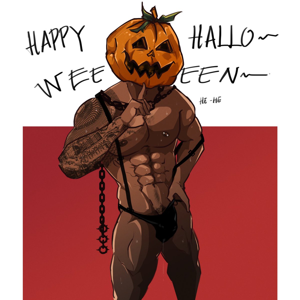 Hanamura_boyo's tweet photo. Happy Halloweeeen~~
He he.
I did it! I draw a sexy Pumpkin head for this year! 
#Halloween #Bara https://t.co/hSTYXasWM7