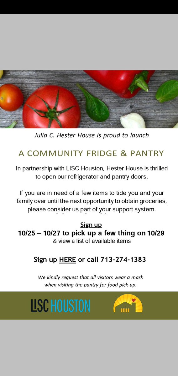 Hester House (@hesterhouse1943) on Twitter photo Today we are still accepting sign ups for our fridge and pantry here at the <a href="/HesterHouse1943/">Hester House</a>. Drop your email address in the comments to receive your sign up form or call 713-274-1383.
Thank you to our partners at the <a href="/LISC_Houston/">Houston LISC</a>
for their support. <a href="/hounews/">Houston News</a> Today we are still accepting sign ups for our fridge and pantry here at the <a href="/HesterHouse1943/">Hester House</a>. Drop your email address in the comments to receive your sign up form or call 713-274-1383.
Thank you to our partners at the <a href="/LISC_Houston/">Houston LISC</a>
for their support. <a href="/hounews/">Houston News</a>