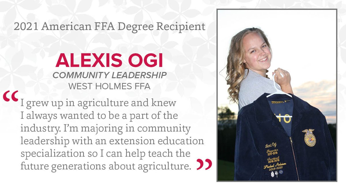 ACELatOSU's tweet photo. Congratulations to Alexis Ogi, who will receive her American FFA Degree tomorrow during the final session of the 2021 National FFA Convention.
Ogi is a community leadership student and alum of the West Holmes FFA Chapter.
#ACELatOSU #CommLdr #CFAES #NationalFFA https://t.co/B7AxJNkbs9