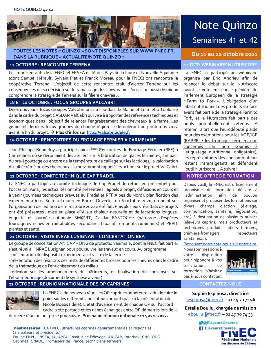 EleveursChevres's tweet image. 👉 Retrouvez la #NoteQuinzo de la #FNEC avec au programme :
🥩 Rencontre Terrena au sujet de leur stratégie #chevreau et focus groupes #ValCabri
🧀 11èmes RFF et webinaire #Nutriscore
🥛 Réunion nationale des #OP
🐐 Concertation #BEA, comité #CapPradel et offre de formation #FNEC