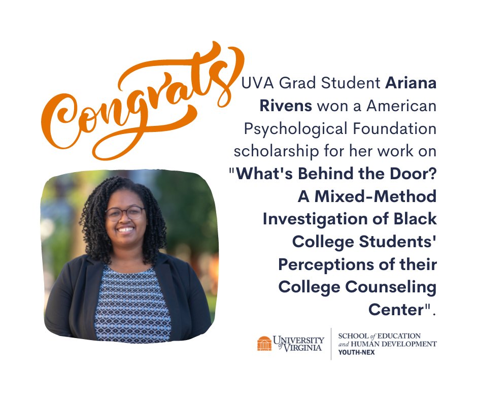 Youth-Nex (@youth_nex) on Twitter photo Congrats to <a href="/Youth_Nex/">Youth-Nex</a> & <a href="/UVAPsyc/">Department of Psychology at UVA</a> grad student <a href="/ARivens/">Ariana Rivens (she/her)</a> on receiving an @AmPsychFdn/COGDOP scholarship!!! Read more about her work in this recent publication on "Intimate Disclosure Between Black Youth and Nonparental Familial Adults" —> onlinelibrary.wiley.com/doi/10.1111/jo… Congrats to <a href="/Youth_Nex/">Youth-Nex</a> & <a href="/UVAPsyc/">Department of Psychology at UVA</a> grad student <a href="/ARivens/">Ariana Rivens (she/her)</a> on receiving an @AmPsychFdn/COGDOP scholarship!!! Read more about her work in this recent publication on "Intimate Disclosure Between Black Youth and Nonparental Familial Adults" —> onlinelibrary.wiley.com/doi/10.1111/jo…