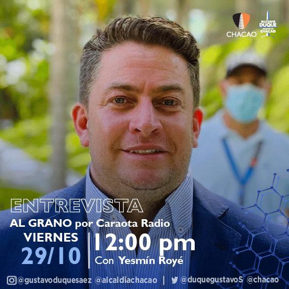 duquegustavoS's tweet photo. Los invito a sintonizar hoy #29Oct a las 12:00 pm 💻 el programa #AlGrano por #CaraotaRadio @CaraotaDigital donde estaré conversando con @YesminRoye temas de interés nacional, la campaña y el trabajo que hemos consolidado en #Chacao. https://t.co/gIAm6r8SRo