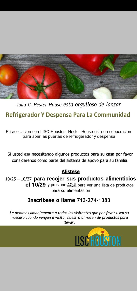 Hester House (@hesterhouse1943) on Twitter photo Hoy todavía estamos aceptando inscripciones para nuestro refrigerador y despensa aquí en <a href="/HesterHouse1943/">Hester House</a>. Escriba su dirección de correo electrónico en los comentarios para recibir su formulario de registro o llame al 713-274-1383.
Gracias <a href="/LISC_Houston/">Houston LISC</a>. <a href="/hounews/">Houston News</a> Hoy todavía estamos aceptando inscripciones para nuestro refrigerador y despensa aquí en <a href="/HesterHouse1943/">Hester House</a>. Escriba su dirección de correo electrónico en los comentarios para recibir su formulario de registro o llame al 713-274-1383.
Gracias <a href="/LISC_Houston/">Houston LISC</a>. <a href="/hounews/">Houston News</a>