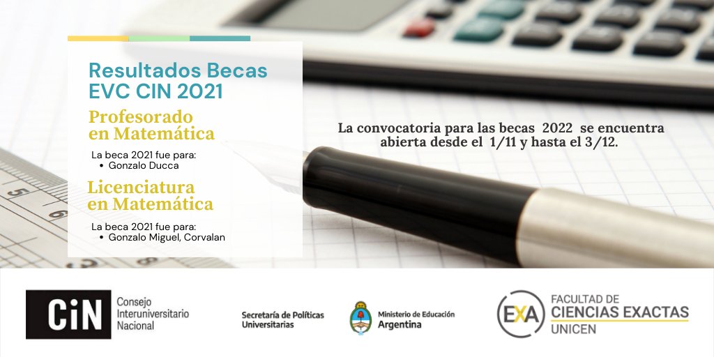 FCEx_UNICEN's tweet image. Resultados Becas EVC CIN 2021
👉La convocatoria para las becas 2022 se encuentra abierta desde el 1 de Noviembre y hasta el 3 de Diciembre.
▪️ Las Bases y formularios pueden consultarse en:
secat.unicen.edu.ar/index.php/2021…

#exaunicen #exactas #unicen