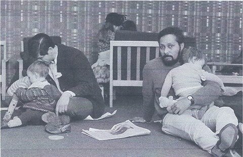 DrMatthewSweet's tweet photo. Stuart Hall in the creche at the first National Women's Liberation conference in Oxford, 1970. https://t.co/30vu42B3yZ