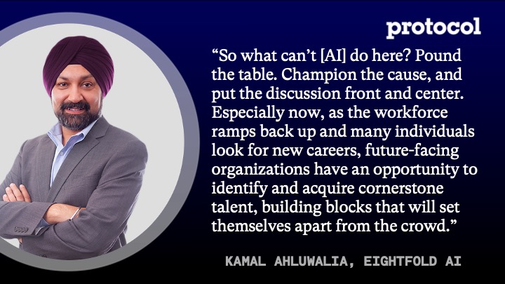eightfoldai's tweet photo. There are still things humans can do better than #AI. What’s the next domino to fall? 

Take a look at this panel discussion with @protocol  featuring @eightfoldai's president, @kahluwalia.

https://t.co/dgvPdSORNb https://t.co/KIefS4S2bp