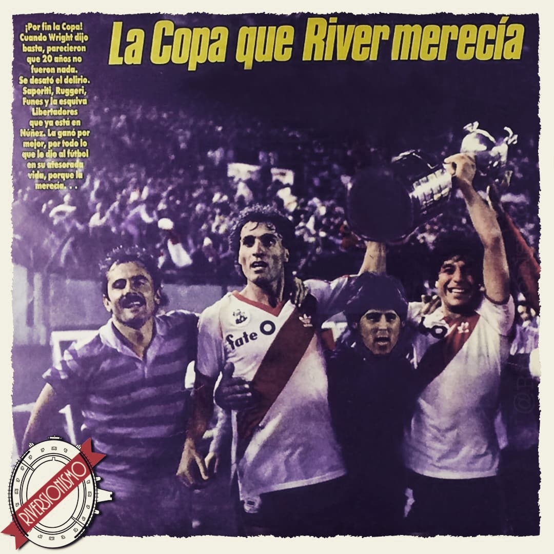 riversionismo's tweet photo. A 35 años de la primera Libertadores. #UnDíaComoHoy, en 1986, y con gol de Búfalo Funes en un Monumental colmado, el equipo del Bambino gritaba campeón de América. 
📸 El Gráfico
📠 🖌  @riversionismo 
#RiverPlate #GloriaEterna https://t.co/aSh7w0PSIf