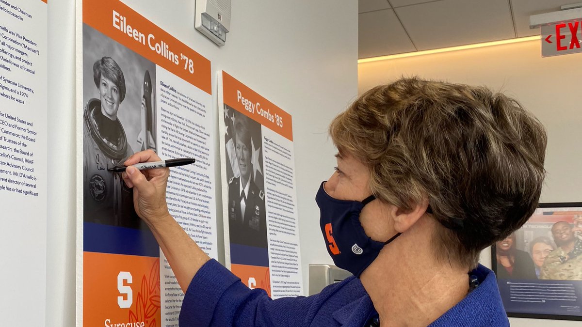 Ret. Col. Eileen Collins ‘78 is here on campus for #OrangeCentral & we were thrilled to have her visit the NVRC, where she signed her Notable Alumni sign. Collins is a former astronaut who became the 1st woman pilot & 1st woman commander of a space shuttle! #BestPlaceForVeterans