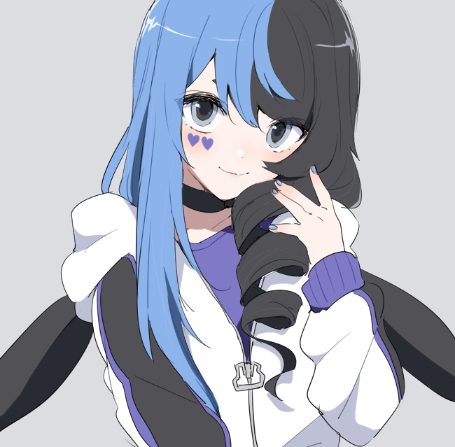 1girl solo blue hair choker hood black hair long hair  illustration images