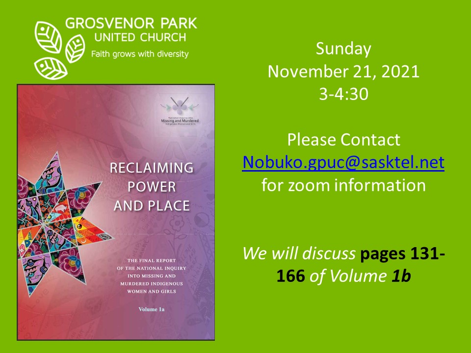Learn more about #MMIW and join the group reading Reclaiming Power and Place, the Final Report of the National Inquiry into Missing and Murdered Indigenous Women and Girls. Details in the poster. #ReconciliationSK

Links information on MMIWG at beaconnectr.org