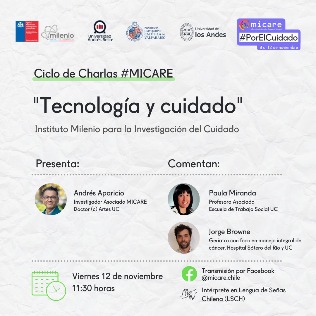 ¡Y cerramos la semana hablando de tecnología y cuidado! 🤓📲👩‍🦽 Viernes 12 de noviembre, 11:30 horas 📅 Expone nuestro investigador <a href="/adapar/">Andrés Aparicio</a>, Doctor (c) en <a href="/FacultadArtesUC/">Facultad de Artes UC</a>. Comenta la académica Paula Miranda de <a href="/TSocialUC/">Trabajo Social UC</a> y el geriatra <a href="/jorgebrowne/">Jorge Browne</a> de <a href="/ucchristus/">UC CHRISTUS</a> y <a href="/SoterodelRio/">Sótero del Río</a>.