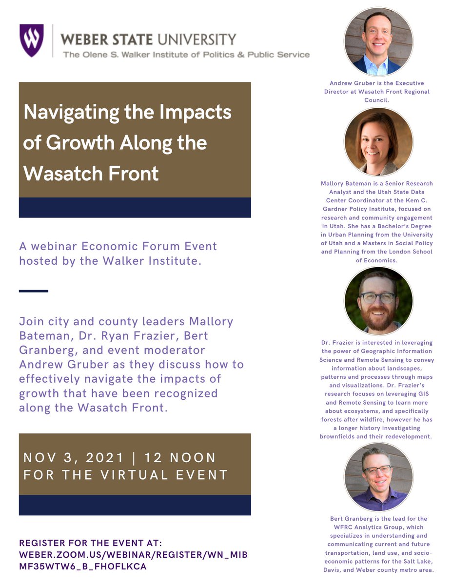 Join city and county leaders Mallory Bateman, Dr. Ryan Frazier, Bert Granberg, and event moderator Andrew Gruber as they discuss how to effectively navigate the impacts of growth that have been recognized along the Wasatch front! Check our Facebook for the details! 
#weberstate