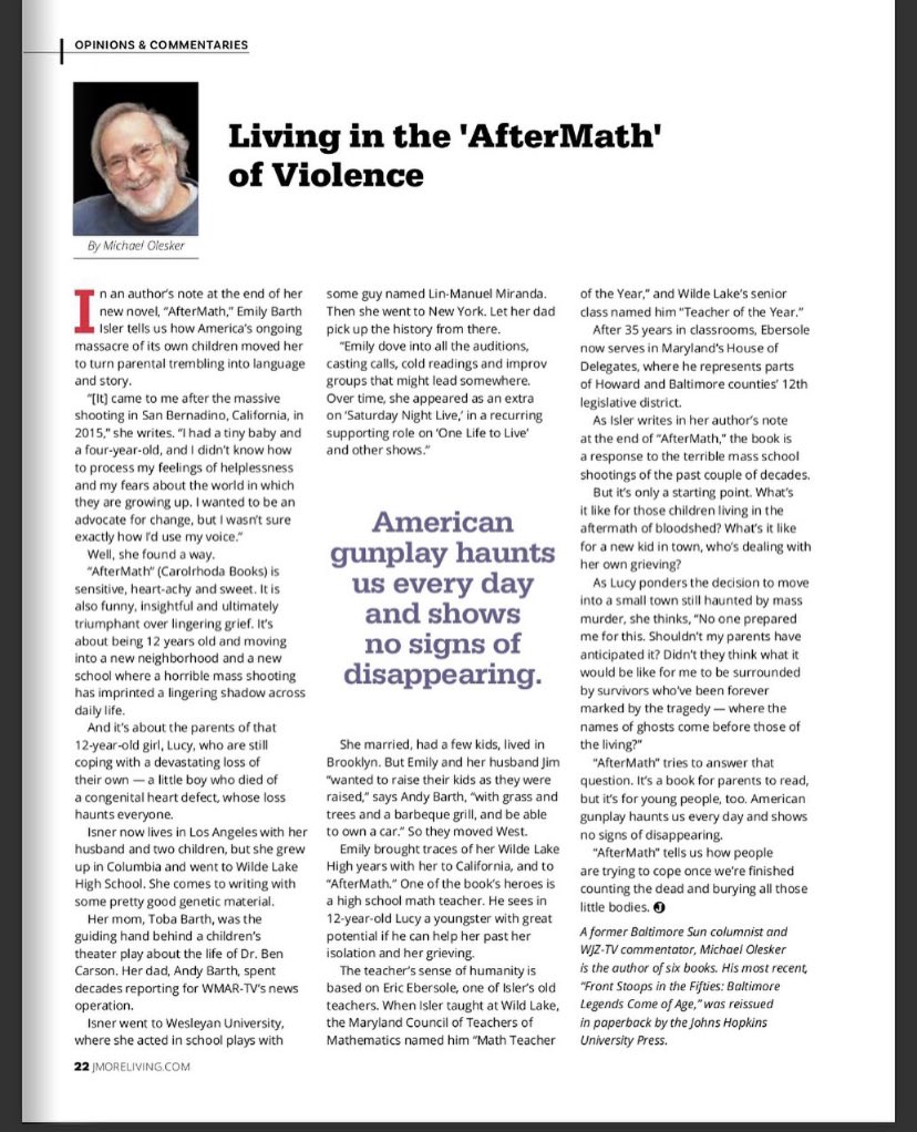 EmilyBarthIsler's tweet photo. Thank you to @JmoreLiving and Michael Olesker for featuring #AfterMath in the October issue! 
#middlegrade #teachers #librarians #middleschoolteachers #mglit #kidlit #mglibrarians #middlegradelibrarians #findinfinity https://t.co/iLaWesGHaz