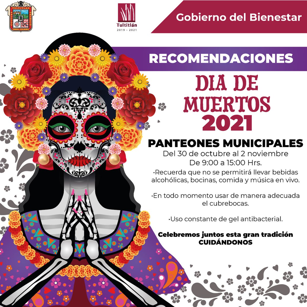 Serv_Pub1921's tweet photo. Estamos listos para recibir a las familias tultitlenses en los panteones municipales de #Tultitlán 
#DiaDeMuertos 
Recuerda observar las recomendaciones que hay que seguir para el ingreso a los panteones municipales.
@ElenaGarciaMtz_ 
@mvzmpz https://t.co/cB0Tmxsl7Q