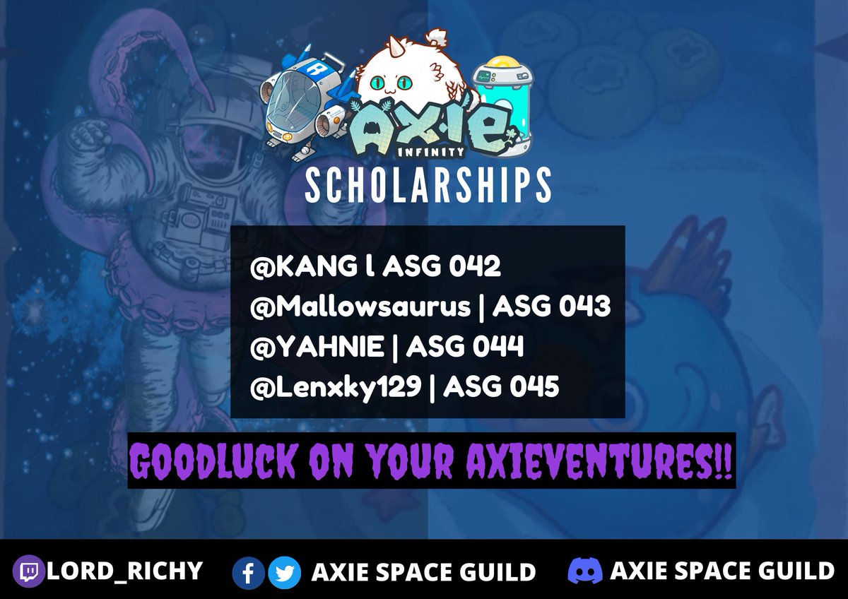 Axtronautes's tweet photo. Congratulations on the winners of our Guaranteed Scholars Batch.

How to Win? Just watch our Captain Lord_Richy's stream and earn 25,000 axtropoints! Keep yourselves updated by joining our Discord more slots to come.

#AxieScholarships #AxieInfinity #axie https://t.co/8L89MDTTLx