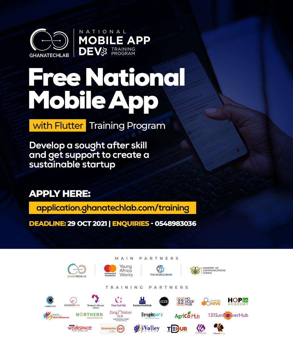 KumasiHive's tweet photo. Have you applied for the #FreeMobileAppDevelopment with Flutter Training yet???
Today is the deadline. The portal is still open.
Apply now!!!
Apply: https://t.co/cttYSaTInQ
Deadline: Friday, 29th Oct. 2021
Enquiries: 0548983036
#GTLbaseprogram #HiveTraining #MobileApp #Hive https://t.co/HMO9HllpOu