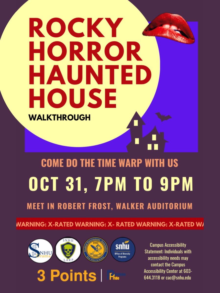 SUNDAY, come tour Frank-N-Furter’s castle and walk through the story of Janet &amp; Brad’s encounter with the Transylvanians. You will meet your favorite characters, dance the Time Warp, and have a chance to win some awesome prizes! 

#snhuoncampus #snhudrama #rockyhorror