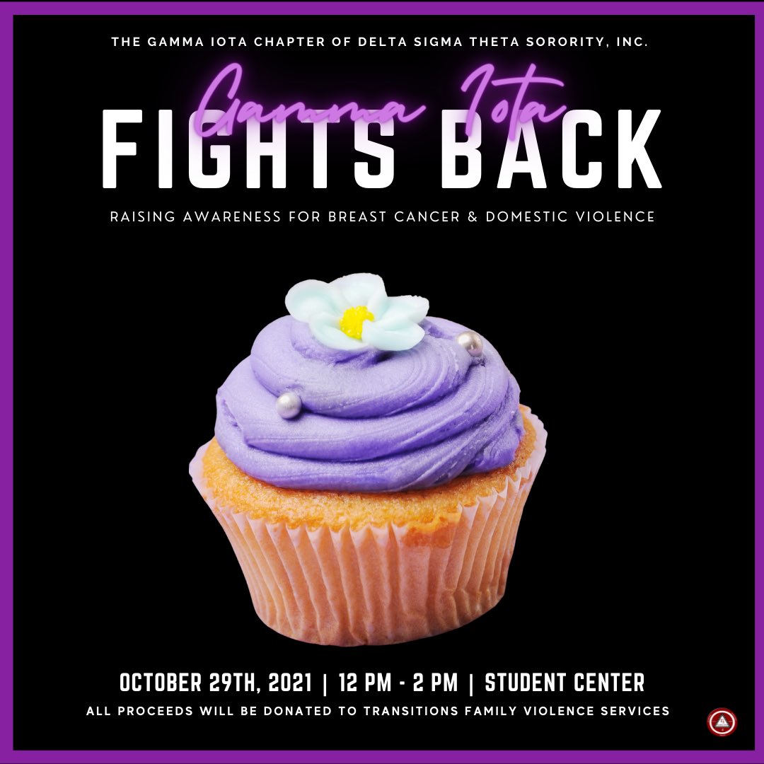 GammaIDST's tweet photo. Join the ladies of the Gamma Iota Chapter of Delta Sigma Theta Sorority, Inc. as we fight back against breast cancer and domestic violence. Meet us in the student center from 12 PM-2 PM to purchase a cupcake and/or scrunchie to support Transitions Family Violence Services.💜 https://t.co/7DUrQrK6H4