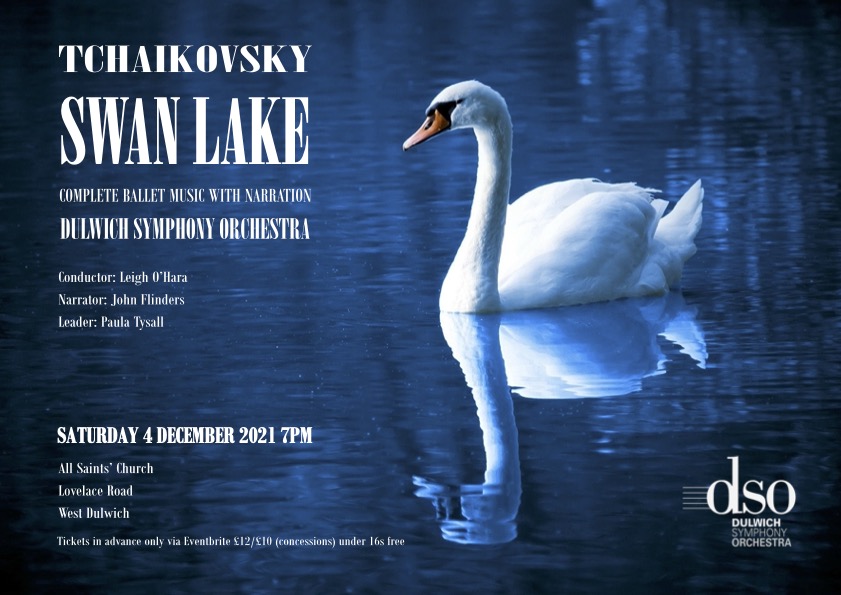 Excited to share our flyer for our concert on Sat 4 Dec at 7pm: the beautiful Swan Lake, narrated by musician John Flinders. Link for tickets eventbrite.co.uk/e/swan-lake-mu…
