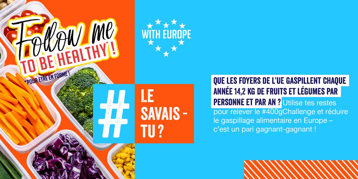 Savais-tu que les foyers européens génèrent en moyenne 14,2 kg de déchets de fruits et légumes par personne chaque année ? 😱 Rejoins le #400gChallenge et bats-toi contre le gaspillage alimentaire ! 🌍💪♻🥕🍆🍒🍌