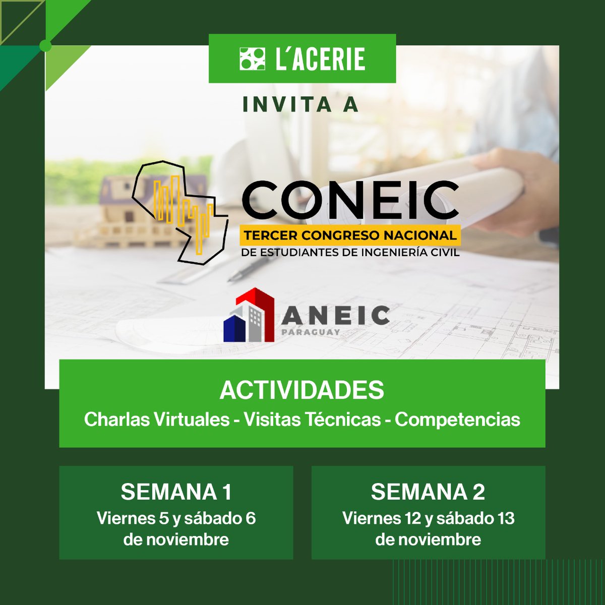 ¡Vuelve el #CONEIC en noviembre!🙌🏻 Charlas virtuales, visitas técnicas, competencias y más en esta tercera edición  Extendemos la invitación a alumnos de las carreras afines a Ingeniería Civil a participar ✅ 
¡Gracias a la <a href="/aneicparaguay/">ANEIC Paraguay</a>  por invitarnos a ser parte!