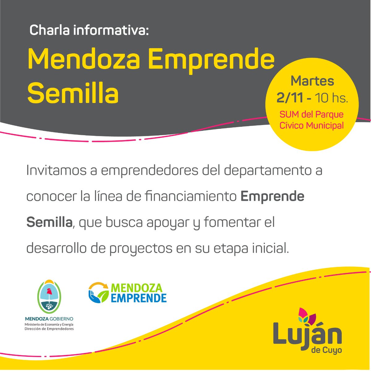 Apoyando al desarrollo de la economía local  

Te invito a participar de la charla Mendoza emprende semilla, donde vas a poder consultar las líneas de financiamiento destinadas a impulsar proyectos en etapa prematuras. 

Hilo 👇