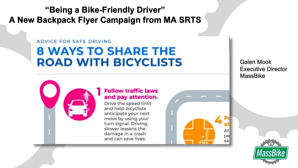 MassBike's tweet photo. "Being a Bike-Friendly Driver" is a new backpack flyer campaign by @SafeRoutes_MA we assisted with to help reinforce the principles of traffic & the laws.
#SRTSFallSummit #MassSRTS #SRTS https://t.co/1g2ezgkFCc