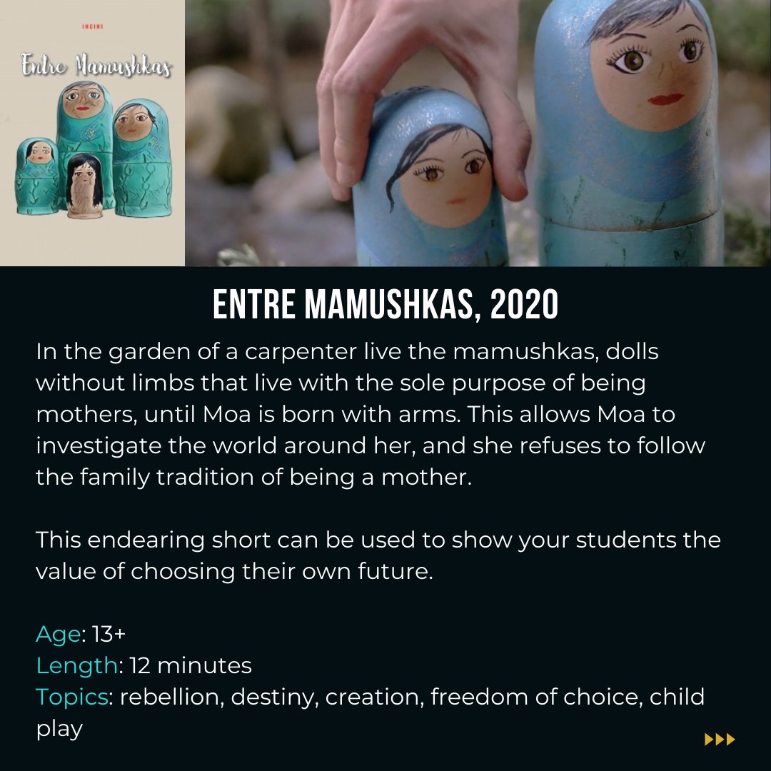 FilmdooAcademy's tweet photo. 🤲 New student-friendly films for October 2021, all available at https://t.co/igCEISDGiK

These include:
📽️ The Chop, 2015
📽️ Cheese, 2014
📽️ Entre Mamushkas, 2020
📽️ Discipline, 2014

Follow @filmdooacademy for more recommendations

#techteacher #teacherresources #teachertwitter https://t.co/3L1ylx1w0b