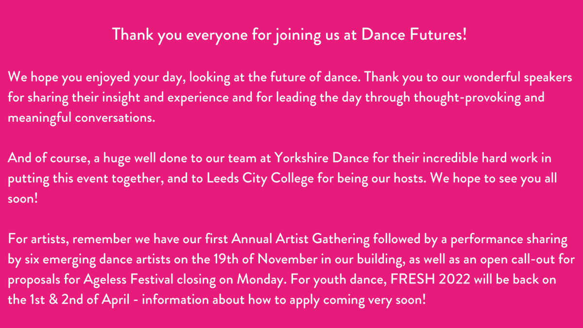 YorkshireDance's tweet photo. Thank you everyone for joining us at #DanceFutures. Thank you to our speakers for sharing their knowledge and insight, and to @leedscitycoll for being our hosts. A huge well done to our team for hard work in putting this together. See you soon! https://t.co/MyONFfjnq1