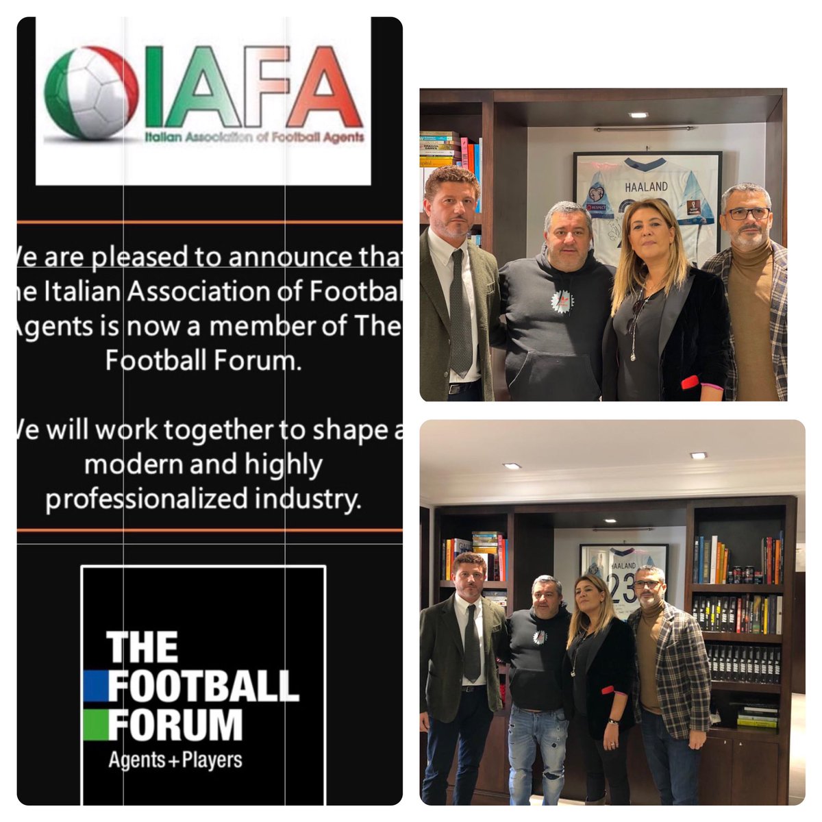 HelgaLeoni_'s tweet photo. Momento storico:The Football Forum (TFF) dà il benvenuto alla Italian Association of Football Agents (IAFA) tra i suoi membri, e Mino Raiola accetta la carica di Presidente Onorario della Iafa #TFF  #coni #fifa #UEFA #figc #football #players #agent #work in #progress https://t.co/KLKmKE0or4